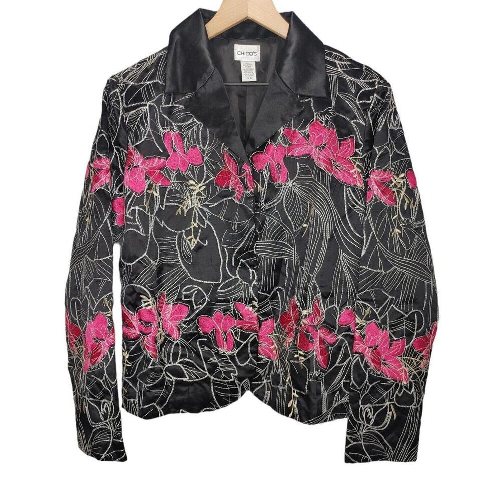 Chicos Womens Jacket Silk Blend Black Fuschia Floral Embroidered Sz 2